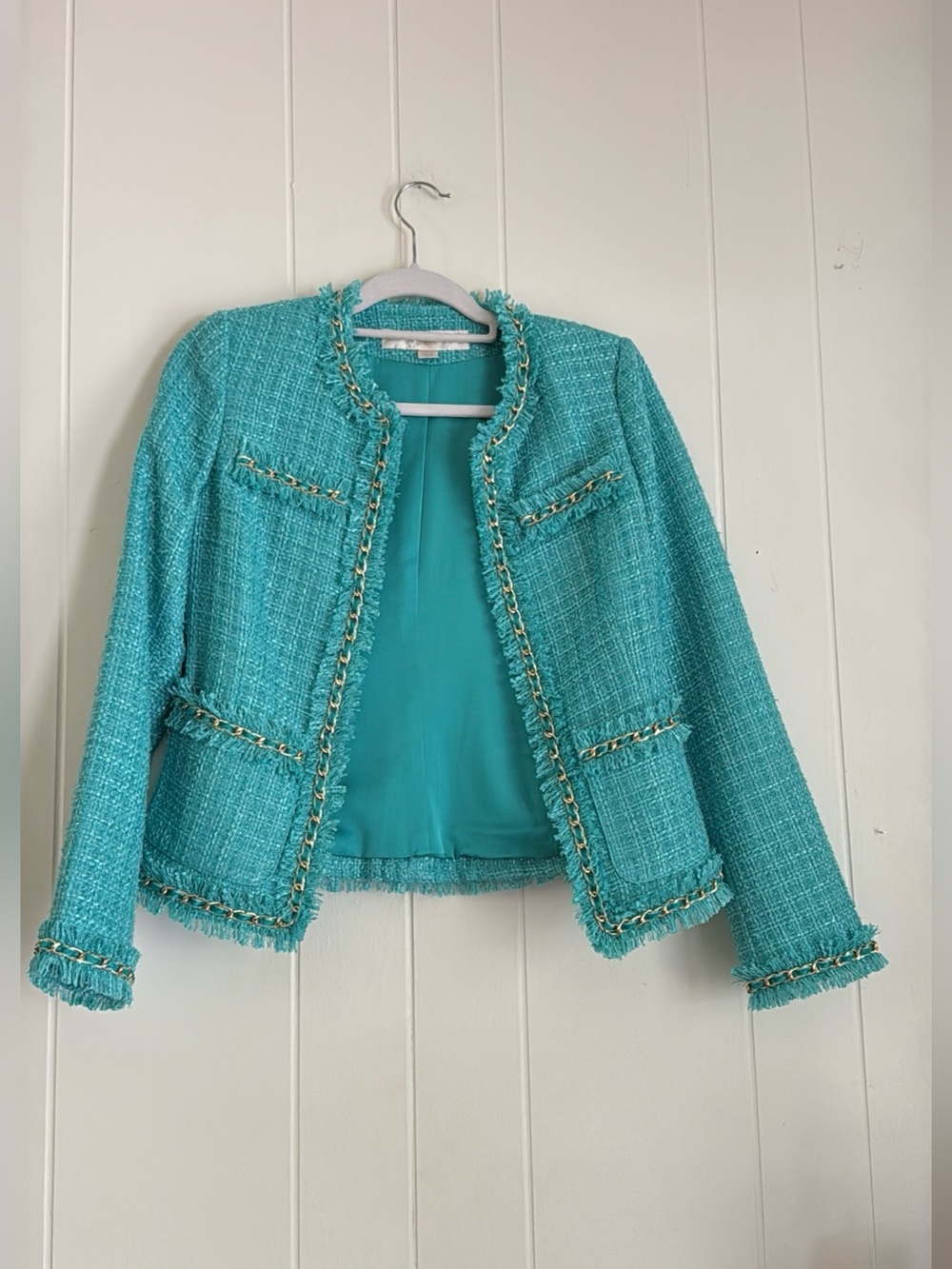 Boston Proper Turquoise Tweed Chain Trim Jacket Size 4